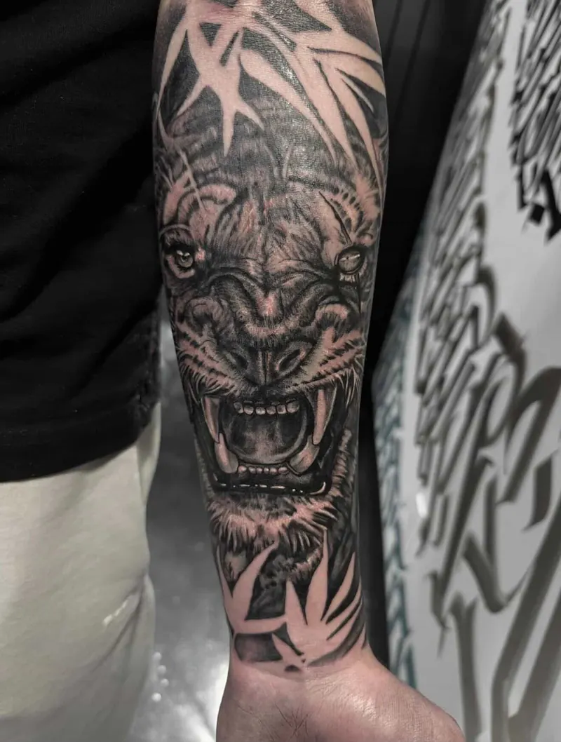 Black and grey tiger tattoo by Kylie, Calgary Tattoo Company